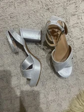 Silver Glitter Block Heels with Criss-cross Straps and Buckle. Size 8