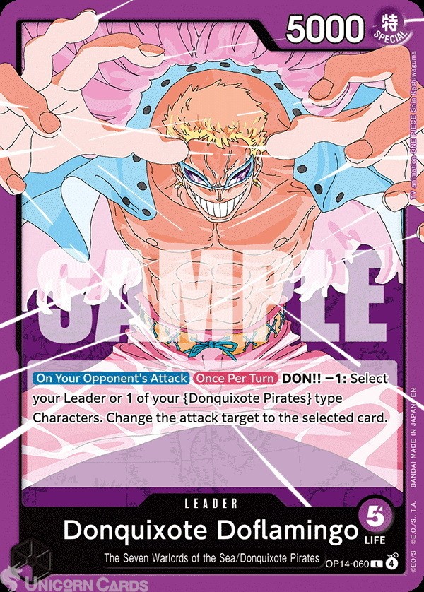 OP14-060 Donquixote Doflamingo : Leader English One Piece TCG Card : OP14: The A