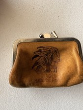Vintage Tan Leather Kisslock Coin Purse Small Wallet Native American Head