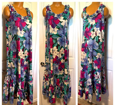 VTG 70's HILO HATTIE HAWAIIAN FLORAL COTTON W/ RUFFLE TRIM MUMU LUAU DRESS SZ S