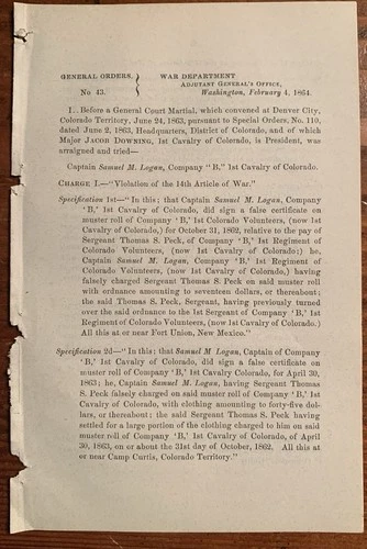 1864 1st Colorado Cavalry Court Martial Civil War Document Camp Weld