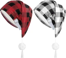2Pcs Sleeping Cap for Men Pajama Cap Adjustable Buffalo Plaid Night Hat with Pom