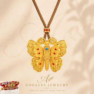 Authentic Gold Butterfly Pendant Necklace Brown Cord 18K Gold Plated Filigree