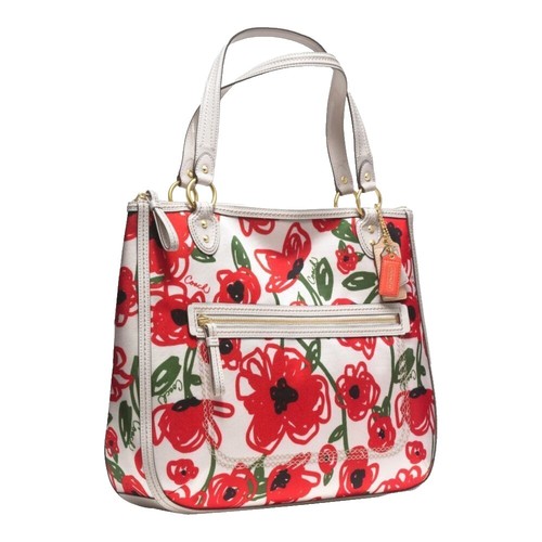 Coach Ltd Ed Coffee Cream Suede Red Floral Poppy Peace Purse Bag