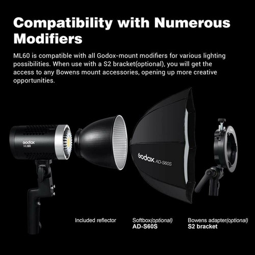 Godox ML60 5600K Tragbare LED Lampe Leuchte Studioleuchte + AD-S60S Grid Softbox - Bild 5 von 12
