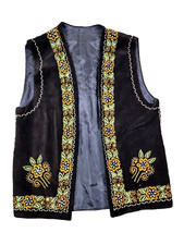 Black Velvet Vest Romanian Ethnic Folk Handmade STUNNING Festival Velour Beaded