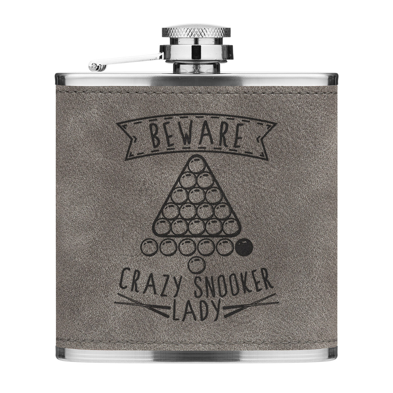 Beware Crazy Snooker Lady 6oz PU Leather Hip Flask Grey Funny Sport