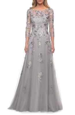 La Femme Silver Sequin Lace Tulle A-Line Gown Size 8 Orig $639