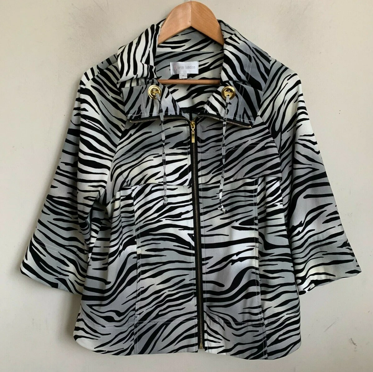 Erin London Jacket Zebra Print Black Gray Multi Zip Front Drawcord Collar Size M