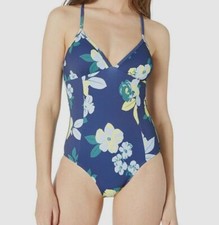 NWT 215 Splendid Women Blue Yellow Floral Cross-Back One-Piece Swimsuit Size S