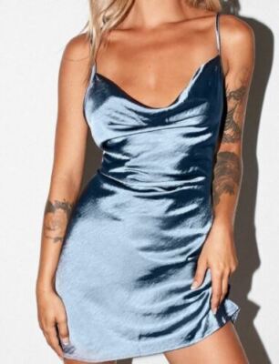 MOTEL ROCKS Paiva Dress in Satin Slate Blue | eBay