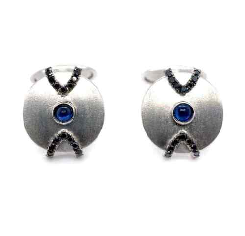 Classic Blue Sapphire With Black Onyx & White CZ 935 Silver Men's Cuff Links - Picture 1 of 6