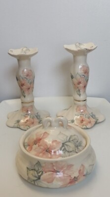 Schminktisch Set, Kerzenständer & Schmucktopf, creme rosa grau geblümt 