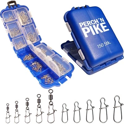 PERCH`N PIKE 150 Wirbel & Snaps im Set inkl. Box I Duo-Lock Snap, 8 - 33 kg I Angelwirbelset