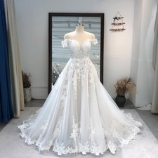 Boho A-Line Wedding Dresses Off Shoulder Sleeveless Lace Applique Bridal Gowns