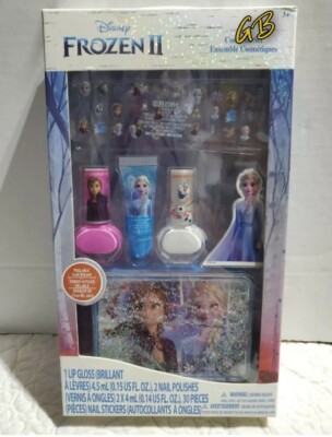 Disney's Frozen II Cosmetic Set Nail Polish, Lip Gloss 30pc Nail Stickers, Case