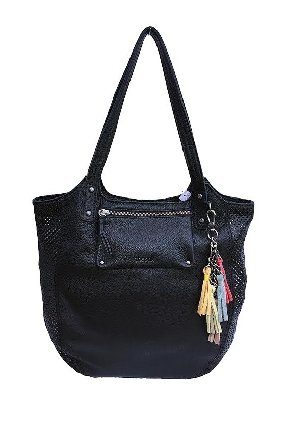 New The Sak Women's Dahlia Perforated Leather Tasseled Tote Black
