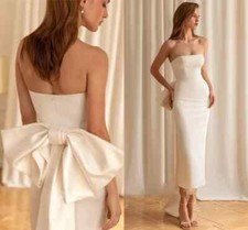 Simple Satin Wedding Dresses Strapless Backless Big Bow Ankle Length Bridal Gown