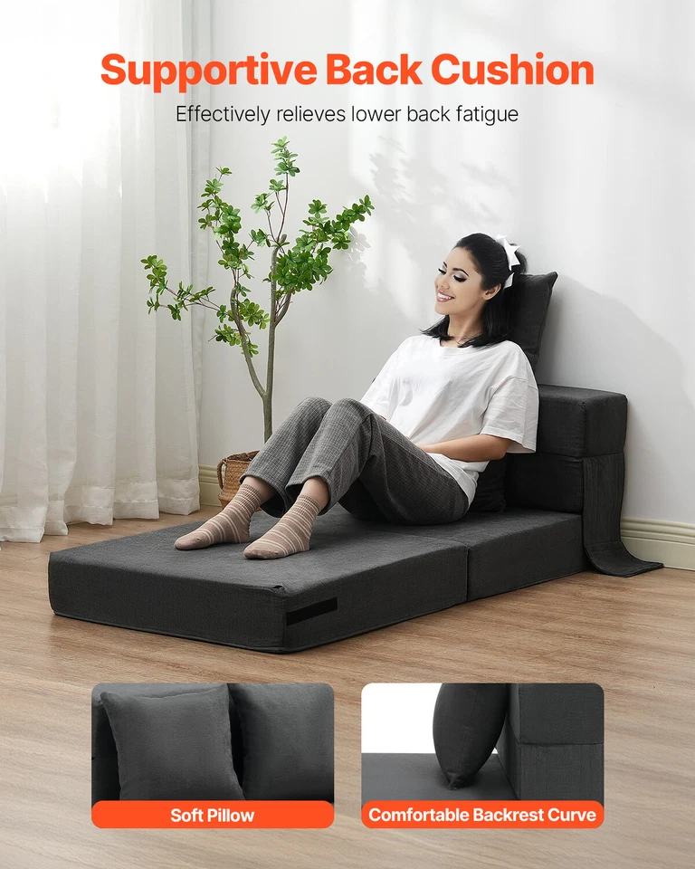 Uimoso Folding Sofa Bed 3-in-1 Foldable Couch with 2 Pillows Dark Grey Single - Image 4 of 4