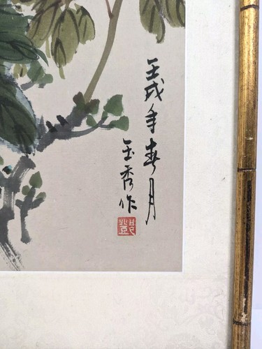 Watercolor Painting Japanese Painting 2 Hummingbird Birds On Flowers 29" x 15" - Picture 2 of 24