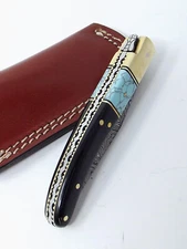 Damascus Knives Laguiole Style Pocket Knife Ram Horn & Turquoise Handle Sheath