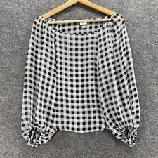 A New Day Blouse Women XS Black Plaid Long Sleeve Round Neck Pullover Casual