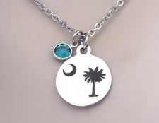 Palmetto Moon Necklace with Birthstone, Palm Tree Jewelry SC Charleston Beach 