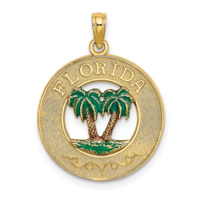 14k Gelbgold Florida Emaille Palmen Kreis Charm Anhänger 2,13gm L-24,7mm