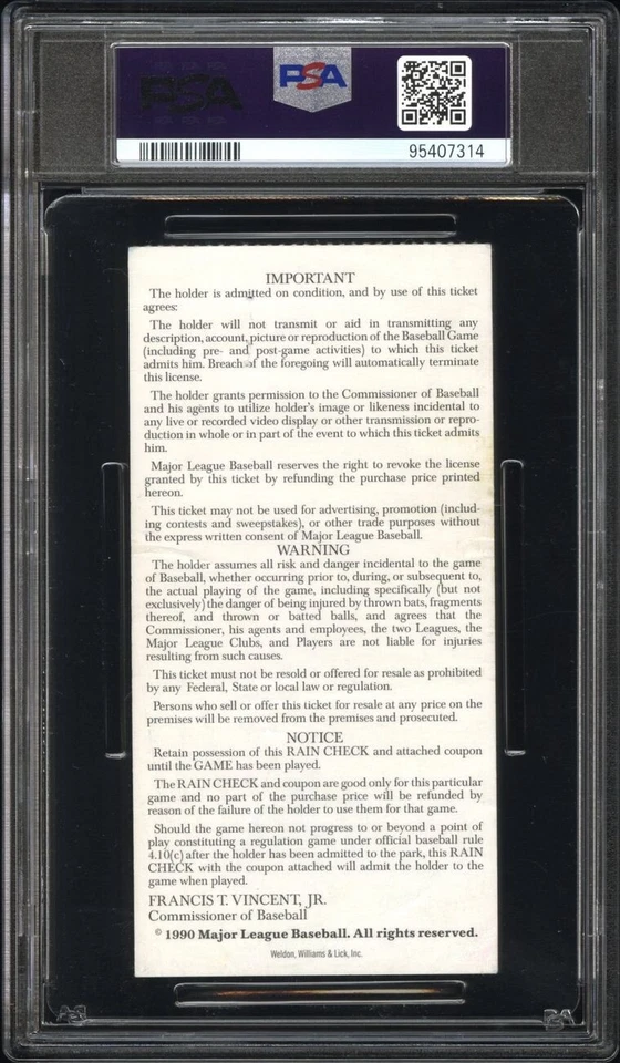 Ryne Sandberg Signed 1990  All Star Game Ticket PSA DNA Autograph Authentic - Image 2 of 3