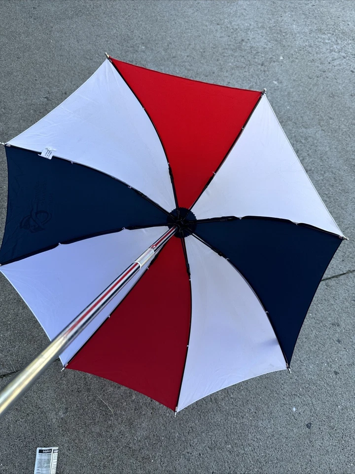 Paraguas de golf vintage Leighton rojo blanco azul paraguas de nailon bolsa dorada carrito Foto 3 de 4