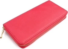 Classic Leatherette Zip Around Wallet - Vegan Single Wristlet - Fuchsia 