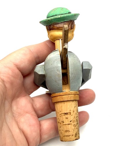 VTG Anri Italy Bottle Stopper Hand Carved Wood Mechanical Man Reading/Glasses - Picture 4 of 7