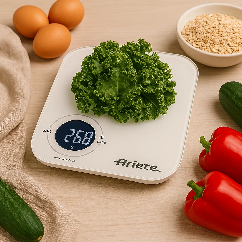 Bilancia da Cucina Digitale Ariete 5g-8Kg Display LCD Vetro Temperato Bianca - Immagine 3 di 4