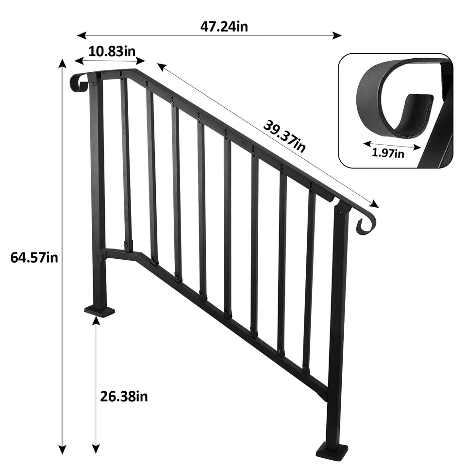 Handrails for Outdoor Steps Matte Black Wrought Iron Stair Railing for 3-4 Step - Image 2 of 4