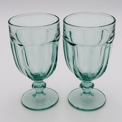 2 Vintage Libbey Duratuff Gibraltar Green Pedestal Glasses 7'' Tall 16oz Goblet