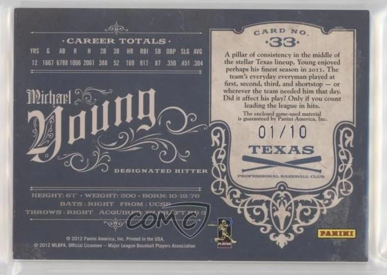 2011 Playoff Prime Cuts Century Gold Materials /10 Michael Young #33 - Image 2 of 2