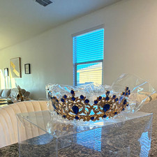 Gold Tone Blue Rhinestone Crown Tiara, Queen Theme, Women, One Size