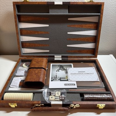 Deluxe Backgammon Set Folding Case Faux Leather Complete Dice Chips Travel Game