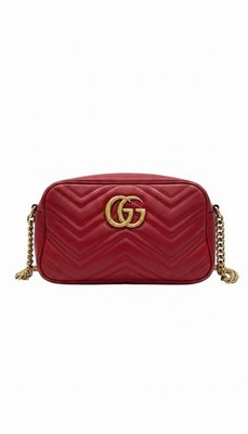 Authentic Gucci GG Marmont Small Camera Bag Hibiscus Red Matelassé Calfskin