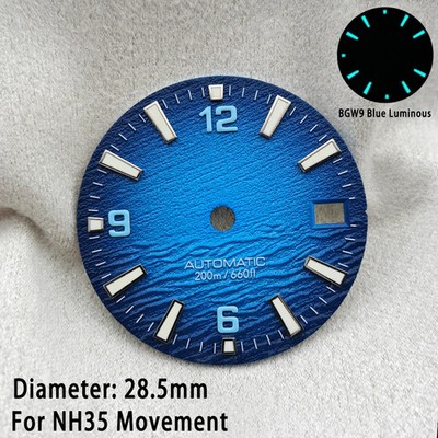 NH35 Wave Dial 28.5mm Blue Green Lume Custom Watch Mod Parts