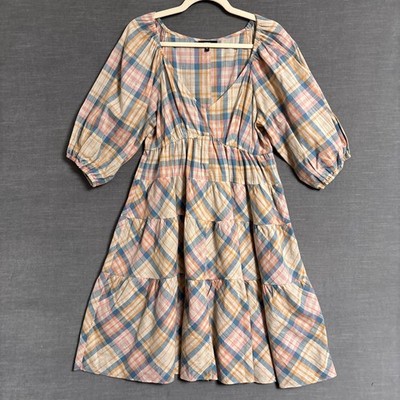 Drew Dress Medium Tiered Beige Blue Pink Plaid Cotton Boho Western Anthropologie