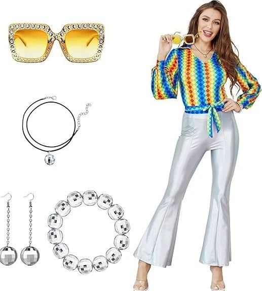 Joy Bang 70s Disco Costume Size S Rainbow Top Silver Bell-Bottom M Not Halloween - Image 3 of 4