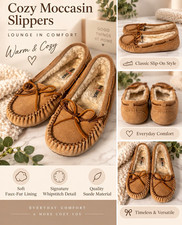 Women  s Brown Suede Moccasin Slippers Faux Fur Lined Slip-On Sz 7 Whipstitch