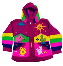 Kids Alpaca Knit Hooded Zip Up Sweater Pink Hand Embroidered Size 4 3-5 Peru