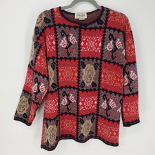Vintage 90s Patchwork Floral Knit Sweater Womens Sz L Red Geometric Grannycore