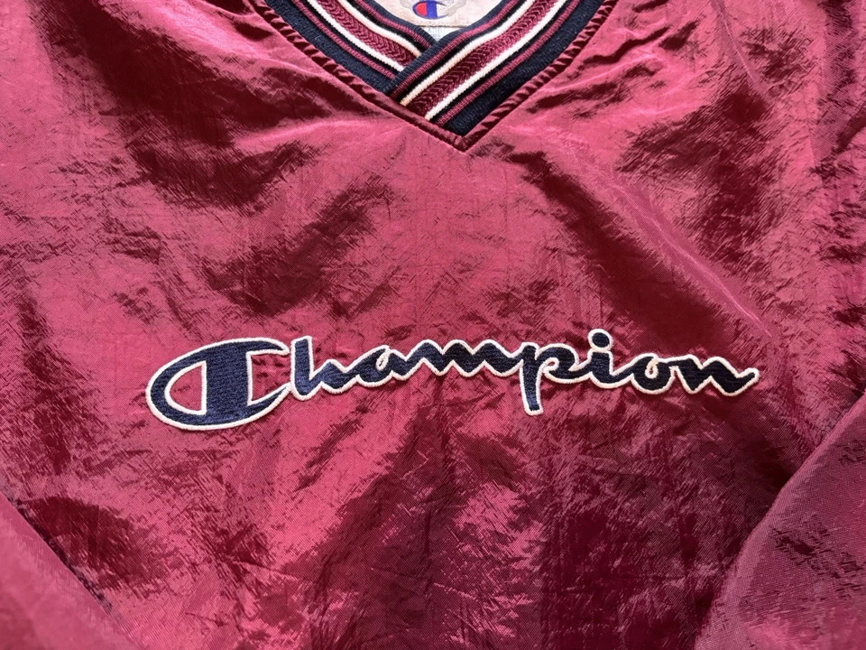 复古 Champion 风衣夹克外套男式大号栗色套衫 V 领 90 年代 — 第 3/4 张图片