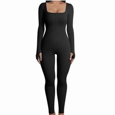 Women s Black Long Sleeve Ribbed Bodysuit Shapewear Moderate Compression L