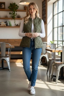 NEW Fuinloth Womens Green Quilted Zip-Up Vest M Lightweight Sleeveless Jacket