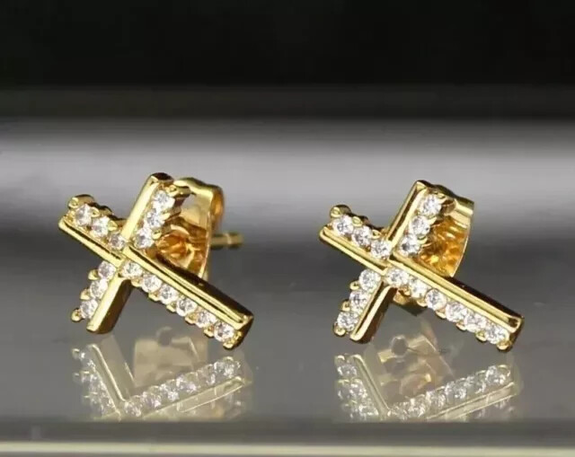 1 Ct Round VVS1 Moissanite Cross Stud Earrings in 14K Gold