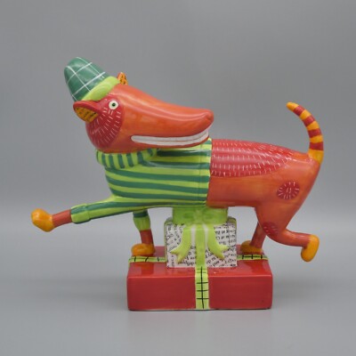 Whimsical Dingo Dog Christmas Figurine Nancy Wolff Silvestri Stripe Patchwork 8''